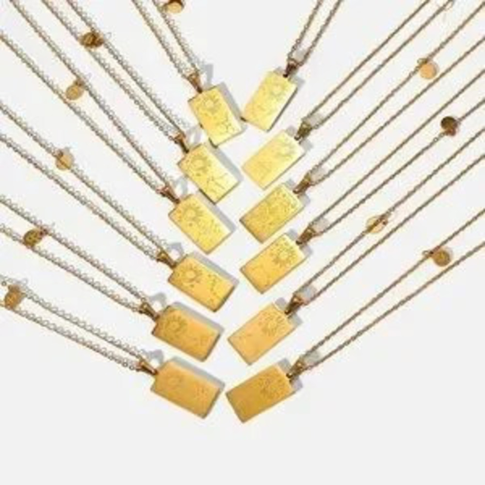 18K Gold Plated Taurus Zodiac Sign Rectangle Pendant Necklace